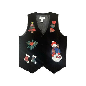 Christmas Vest Westbound Size Petite Small Black Velveteen Velvet Snowman